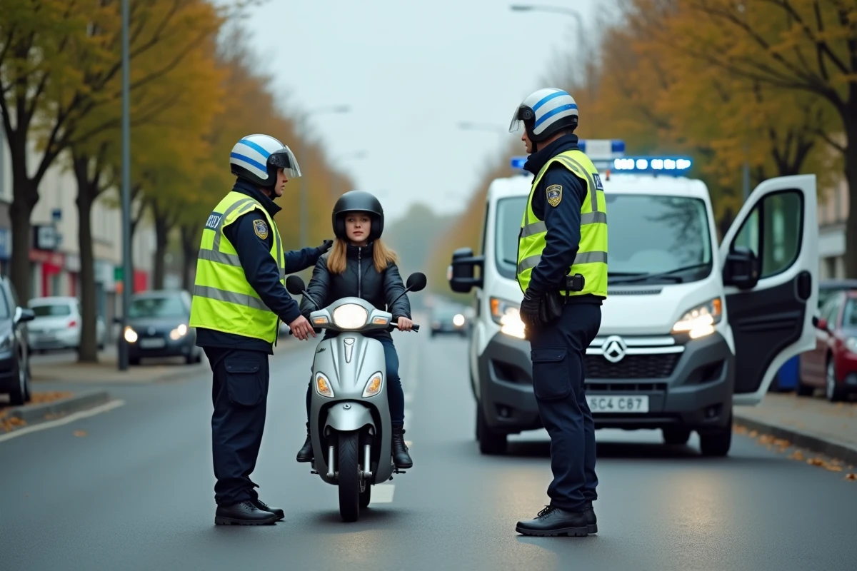Contrôle routier de scooter par des policiers sur une route de banlieue française