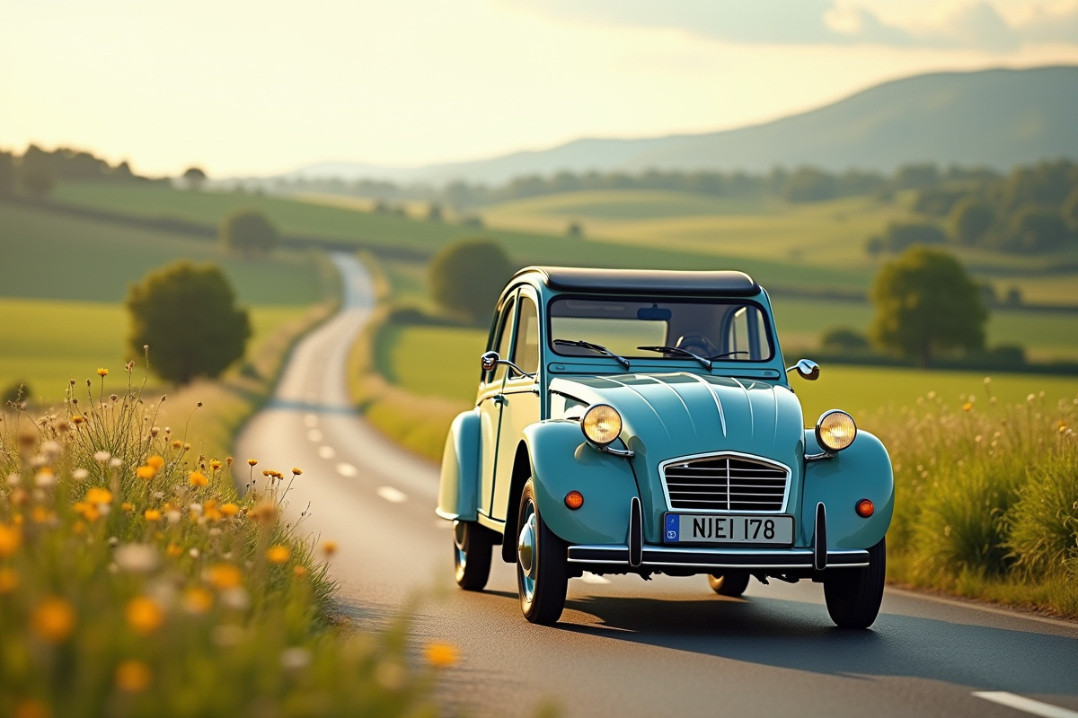 Citroën 2CV roulant dans la campagne en été