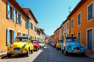 Plusieurs Citroën 2CV colorées dans un village français
