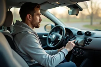 Homme entrant le code d'authentification sur l'autoradio d'une Renault Clio 4 depuis le siège conducteur