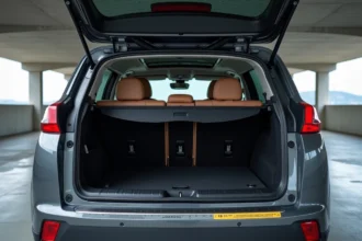 Coffre ouvert d'une Peugeot 3008 grise montrant le volume de chargement avec le plancher plat et les crochets d'arrimage