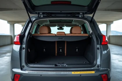 Coffre ouvert d'une Peugeot 3008 grise montrant le volume de chargement avec le plancher plat et les crochets d'arrimage