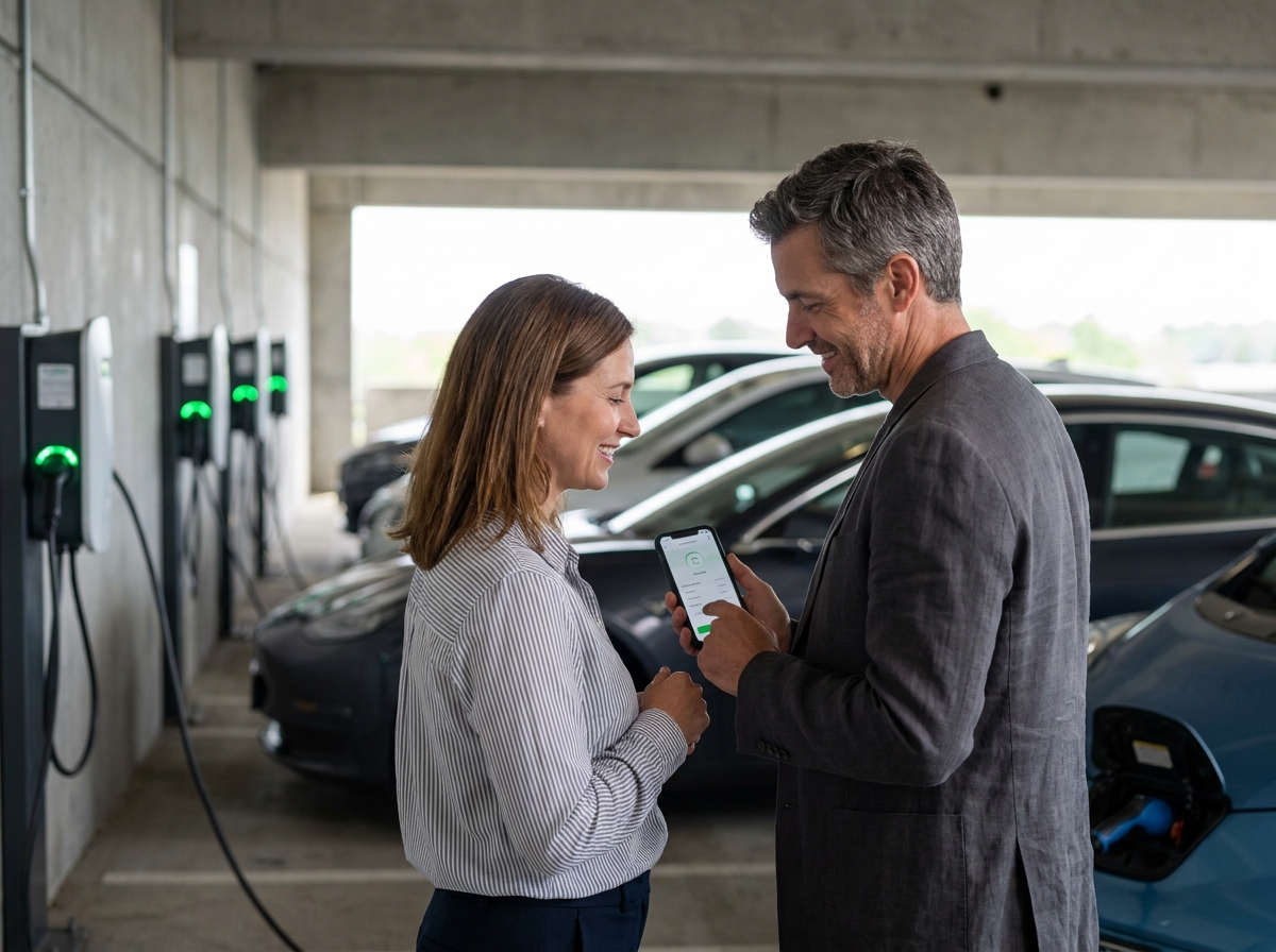 Deux collègues consultant un planning de recharge partagée sur smartphone devant des bornes en entreprise