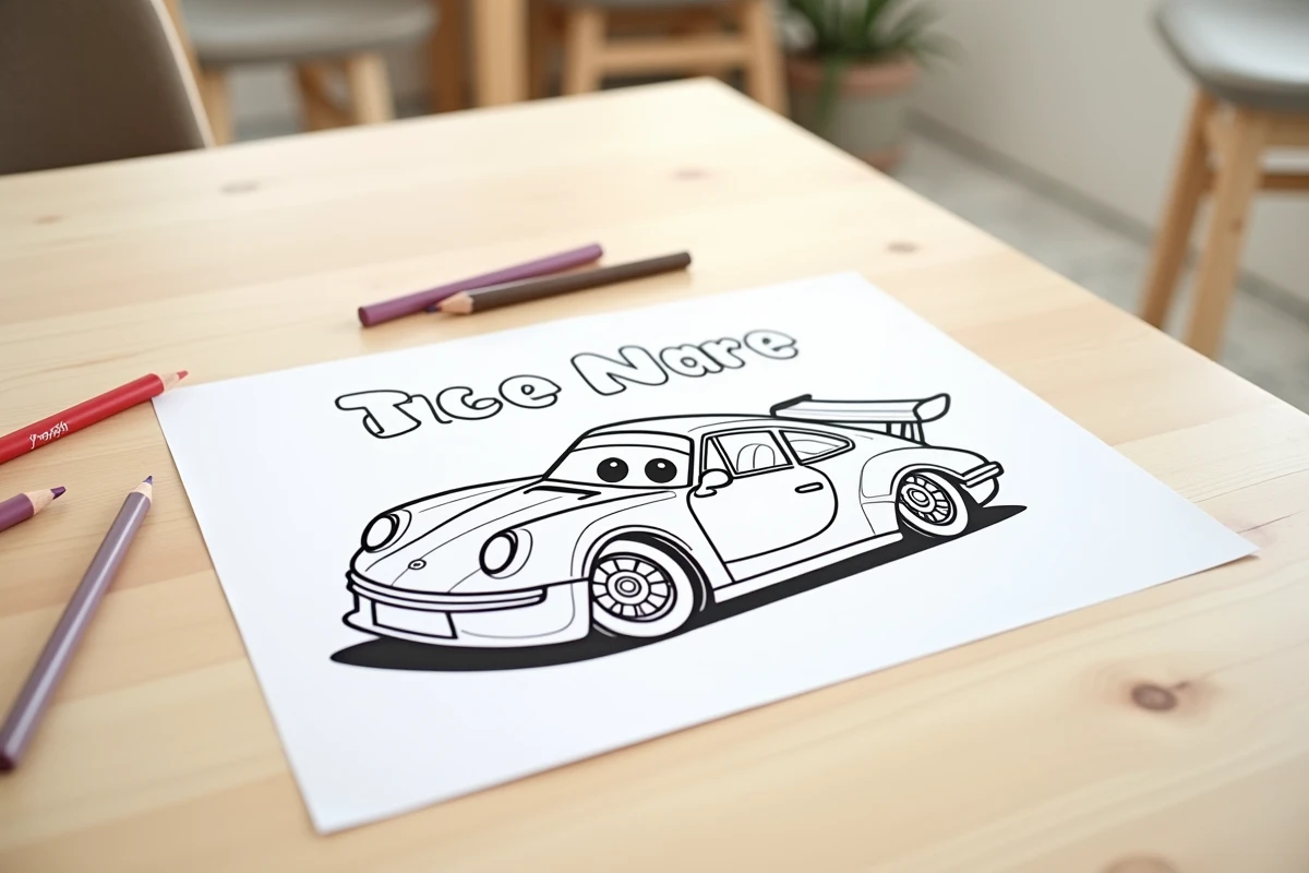 Vue de dessus d'un coloriage de voiture imprimé avec prénom personnalisé et plaque d'immatriculation sur une table en bois avec crayons de couleur