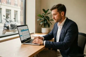 Homme comparant des offres d'assurance scooter Belfius sur son ordinateur portable dans un bureau moderne