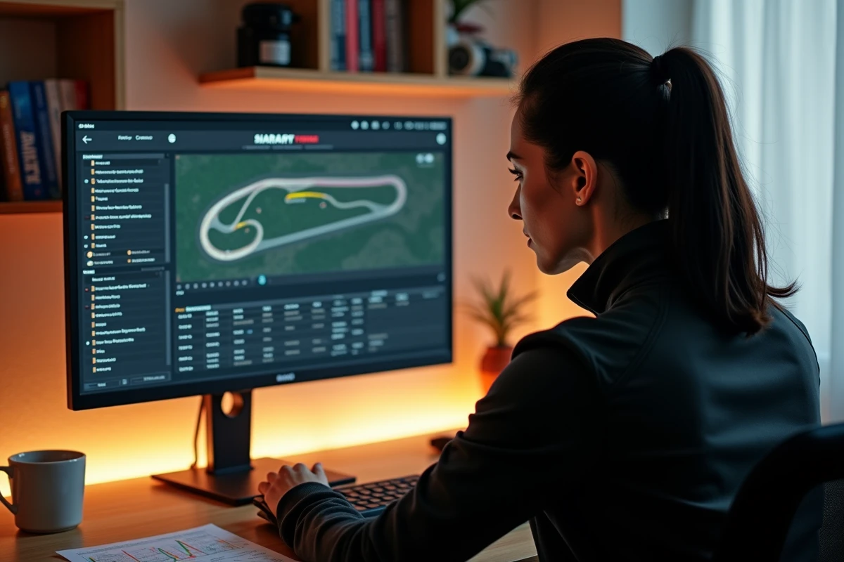 Passionnée de circuit automobile comparant des pistes sur ordinateur portable depuis son bureau à domicile