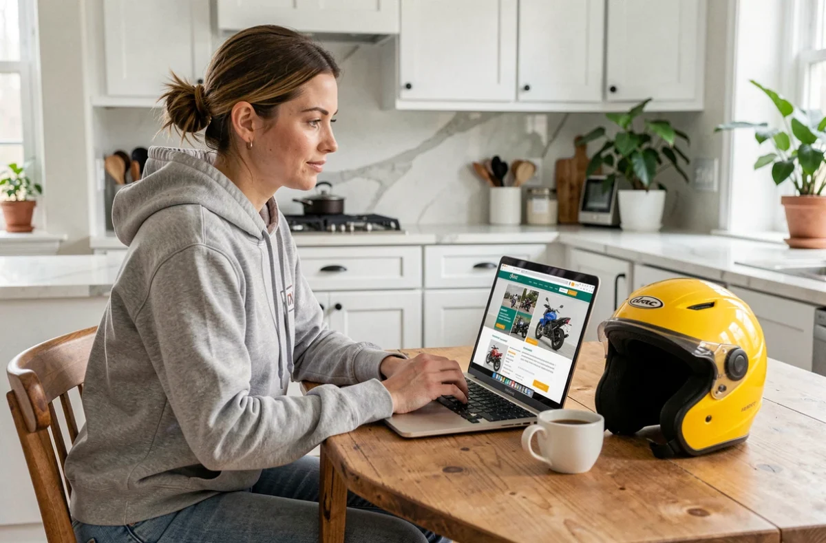 Femme comparant des devis assurance moto 125 sur ordinateur portable dans une cuisine moderne