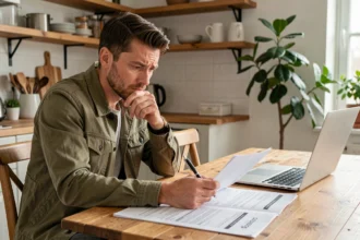 Un homme compare des offres d'assurance moto sur des documents papier posés sur une table en bois dans une cuisine moderne