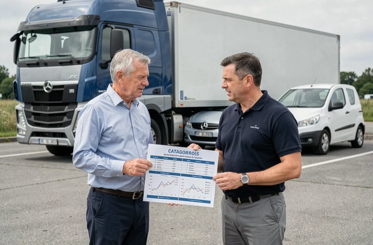 Deux instructeurs d'auto-école comparant les différences entre le permis C et le permis C1 devant deux camions de gabarits différents