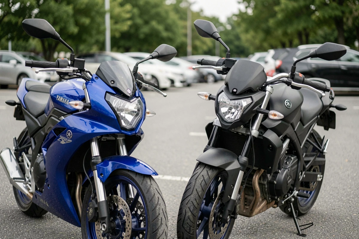 Comparaison côte à côte Yamaha R7 et MT-07 bridée sur parking, guide d'achat permis A2