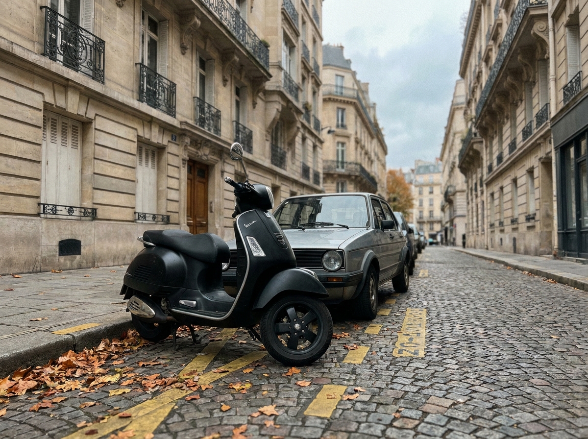 Scooter et voiture côte à côte dans une rue parisienne, comparaison des deux options de transport pour jeunes conducteurs