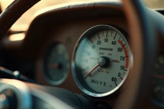 Compteur de vitesse analogique vintage affichant les miles par heure et kilomètres par heure sur le tableau de bord d'une voiture classique