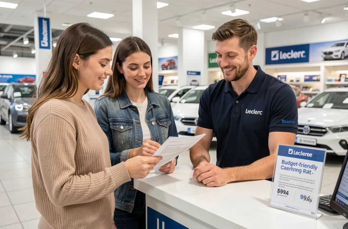 Couple signant un contrat de location de voiture pas chère au comptoir Leclerc avec un conseiller