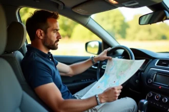 Conducteur consultant une carte routière dans sa voiture pour planifier un itinéraire Paris-sud de la France en évitant les autoroutes payantes