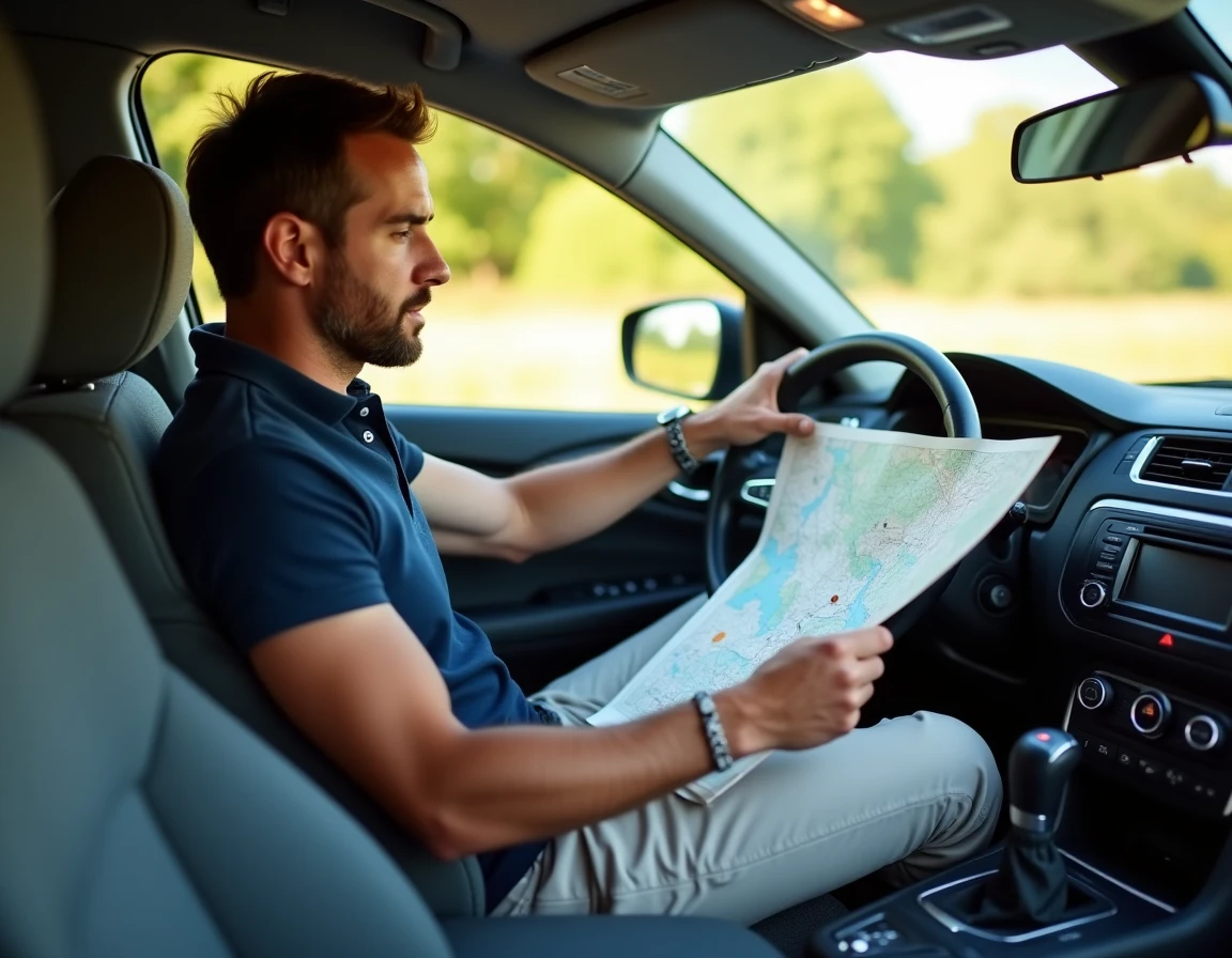 Conducteur consultant une carte routière dans sa voiture pour planifier un itinéraire Paris-sud de la France en évitant les autoroutes payantes
