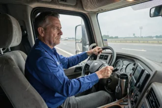 Conducteur professionnel de camion concentré au volant sur une route de campagne