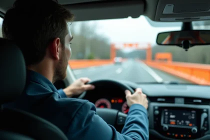 Conducteur anxieux face à un radar de chantier sur autoroute, illustrant les risques d'excès de vitesse en zone de travaux