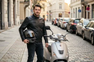 Conducteur de 30 ans posant à côté de son scooter 300cc sur un trottoir urbain européen