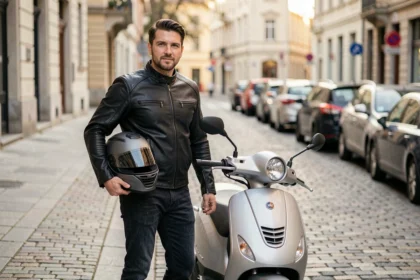 Conducteur de 30 ans posant à côté de son scooter 300cc sur un trottoir urbain européen