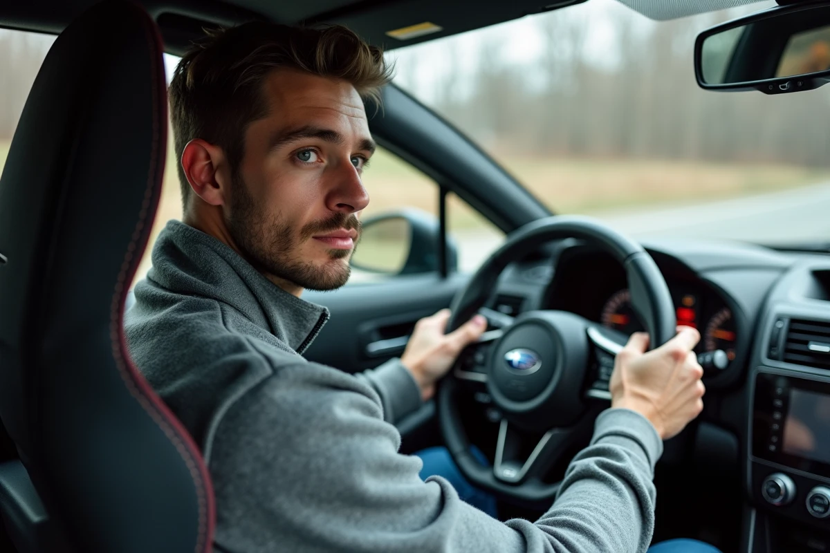 Conducteur concentré aux commandes d'une Subaru Impreza STI avec tableau de bord sportif visible en détail