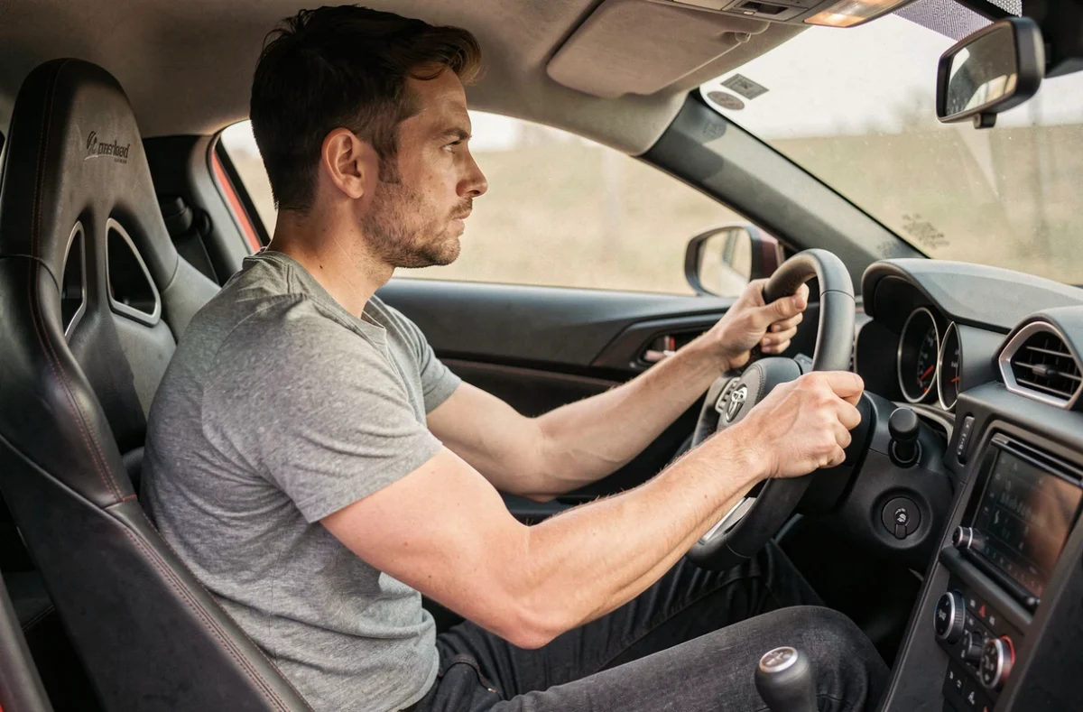 Conducteur dans le cockpit d'une Toyota 86 au volant avec tableau de bord sportif visible