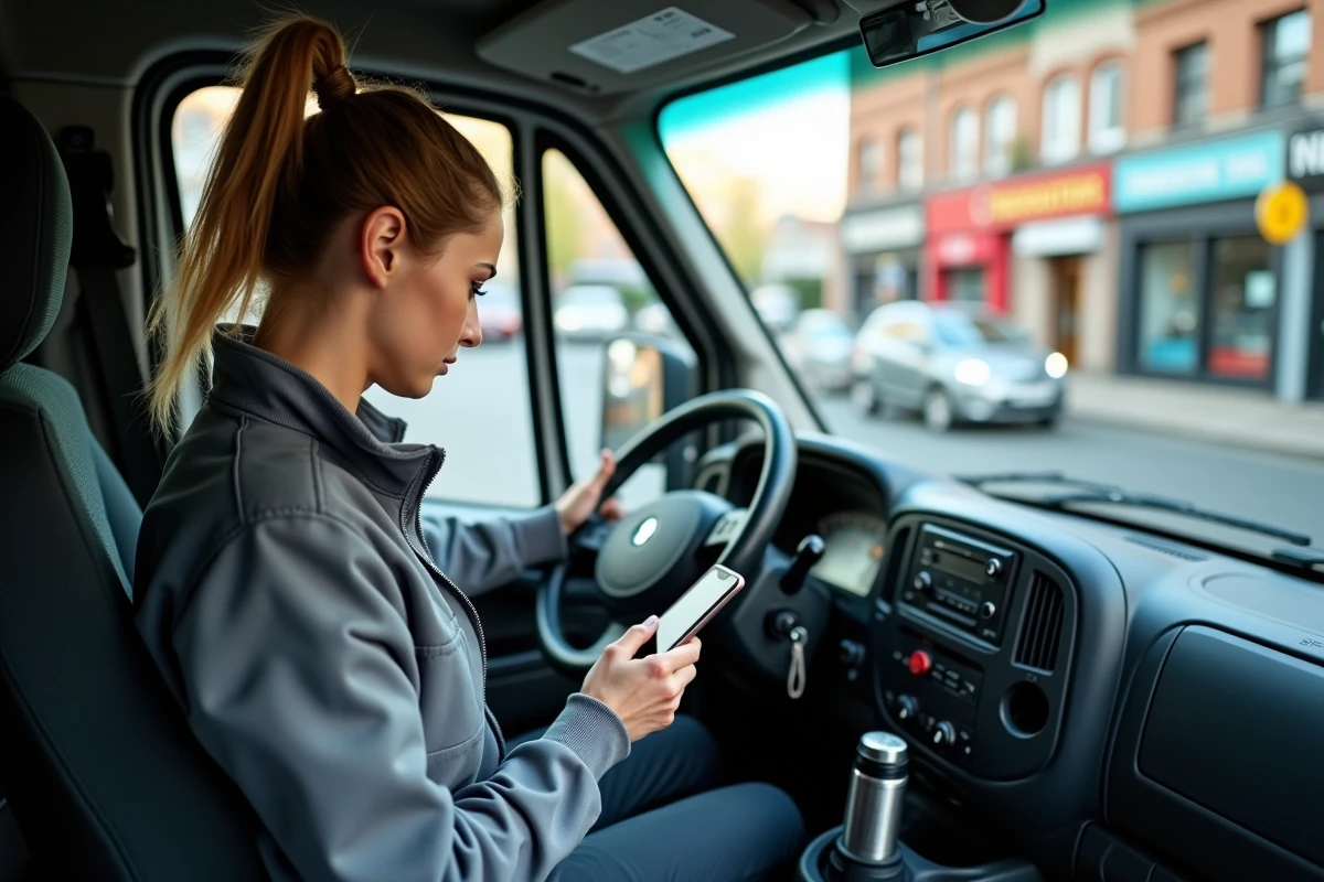 Conductrice dans la cabine d'un Renault Master consultant sa liste de livraisons en milieu urbain