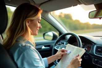 Conductrice tenant une carte autoroute gratuite dans une voiture sur une route française