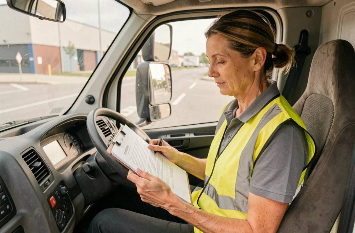 Conductrice de camion C1 dans la cabine d'un véhicule de livraison urbaine consultant ses documents