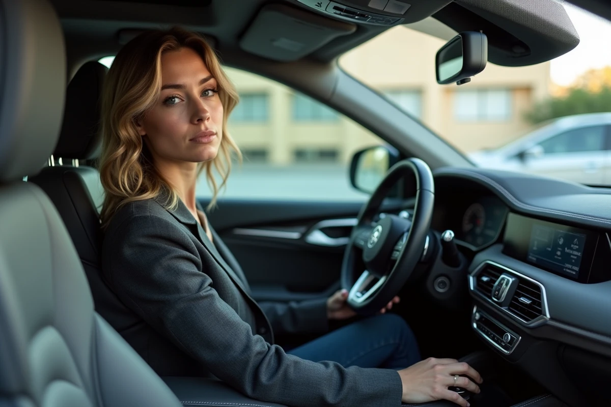 Conductrice satisfaite au volant d'un SUV de luxe avec intérieur cuir haute qualité