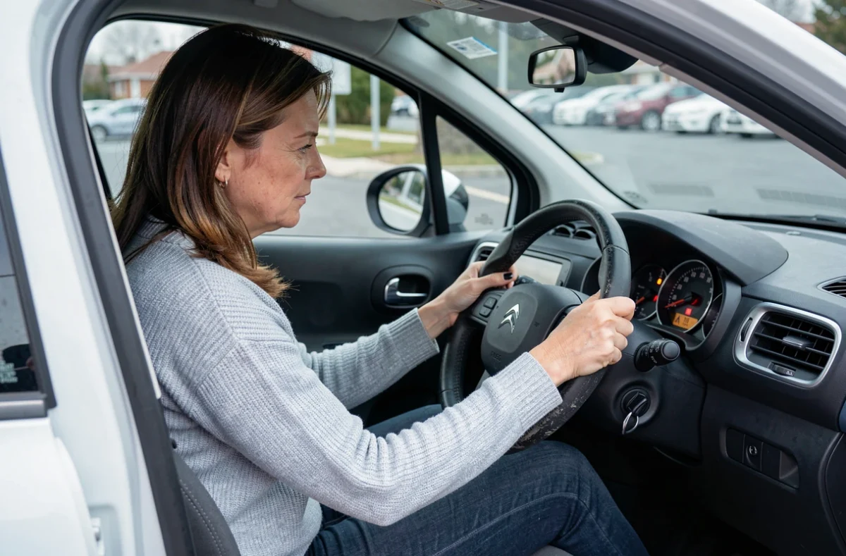 Conductrice inspectant un voyant orange allumé sur le tableau de bord de sa Citroën C3 dans un parking