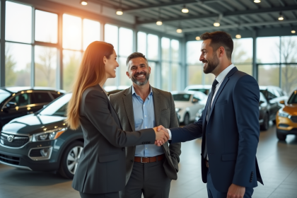 Couple souriant serrant la main d'un concessionnaire dans un showroom moderne