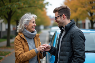 Femme confiante remettant les clés à un jeune homme