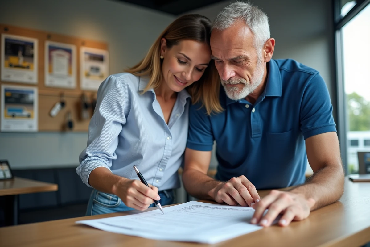 Couple en train de consulter le contrat de location d'un camion avec hayon dans une agence de location de véhicules utilitaires