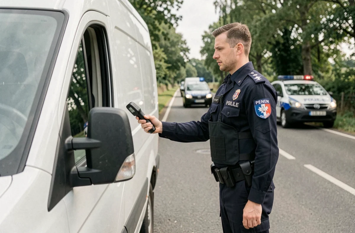 Gendarme effectuant un contrôle d'alcoolémie sur un conducteur professionnel au bord de la route