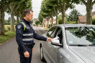 Gendarme effectuant un contrôle d'assurance voiture au bord d'une route française, demandant les documents au conducteur