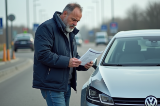 Homme lisant documents de voiture à la douane