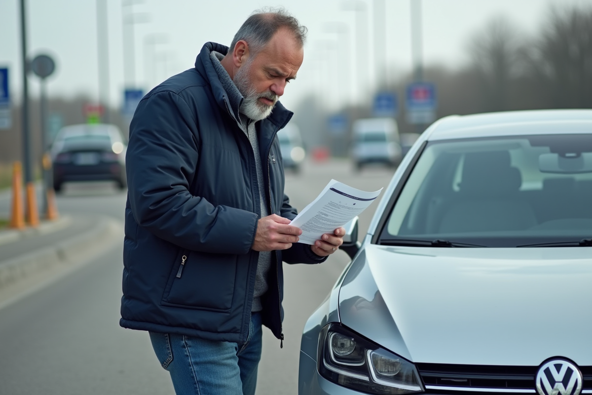 Homme lisant documents de voiture à la douane
