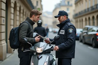 Policier municipal contrôlant les papiers d'un conducteur de scooter en ville