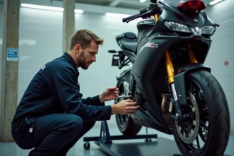 Technicien effectuant le contrôle technique moto en inspection du pot d'échappement dans un centre agréé