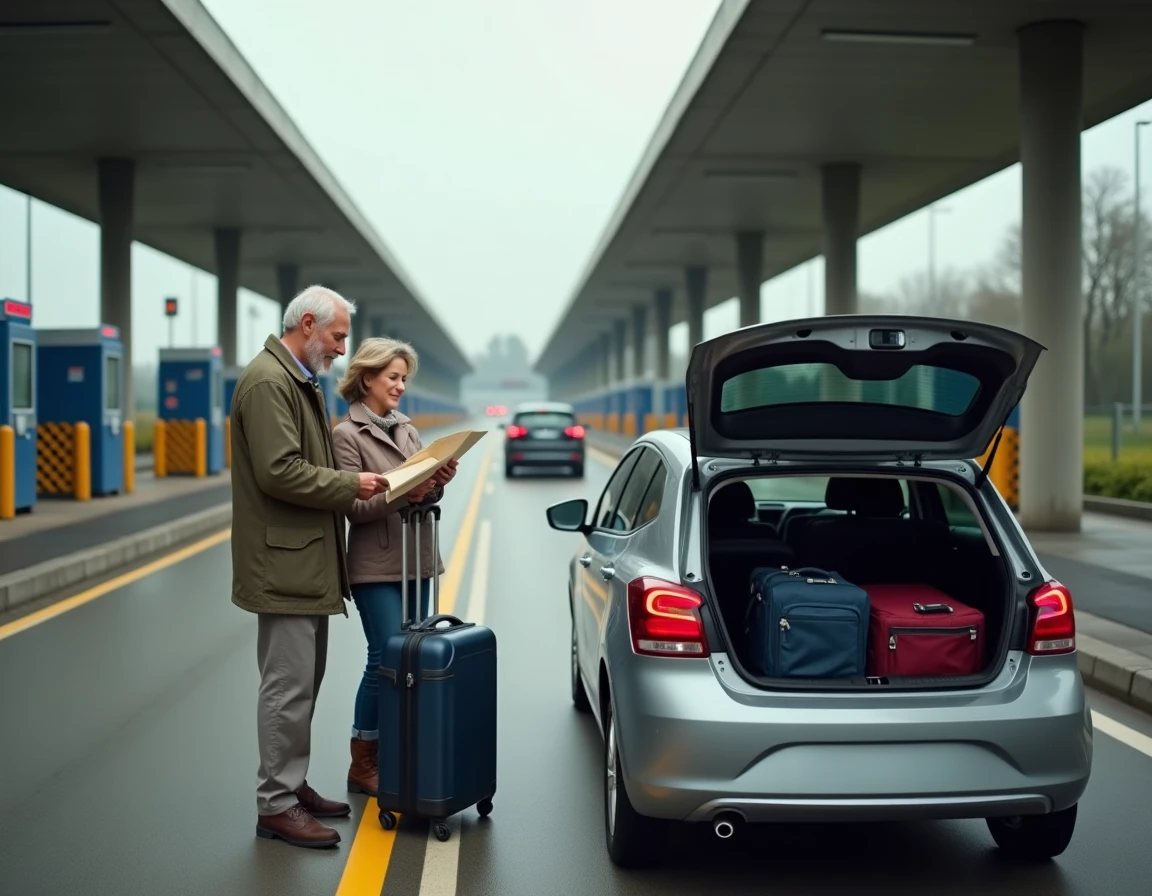 Couple examinant une carte autoroute gratuite devant un péage en France