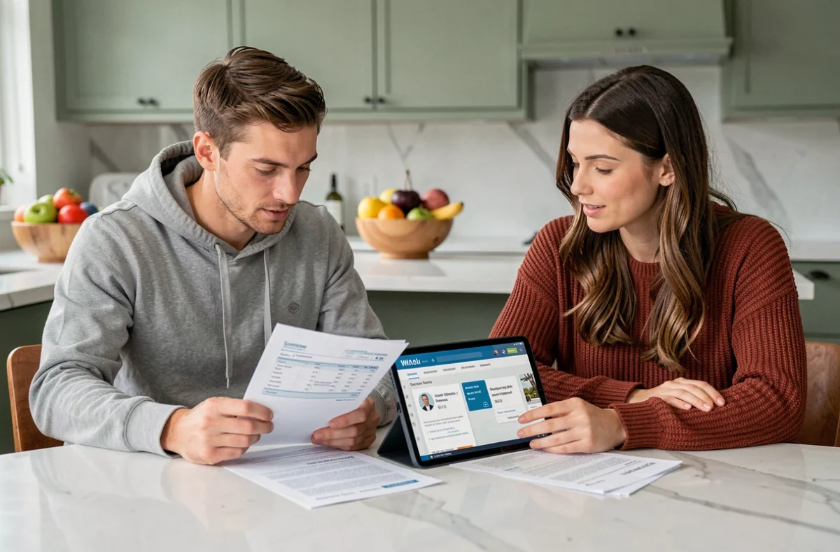Couple comparant des devis d'assurance auto sur tablette et documents imprimés dans une cuisine moderne