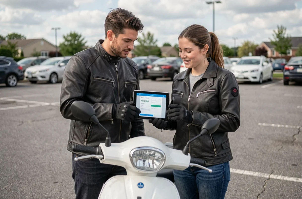 Deux jeunes conducteurs consultant un devis assurance scooter 125 sur tablette dans un parking