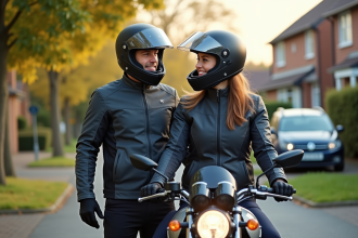 Jeune couple en équipement moto préparant une balade en banlieue