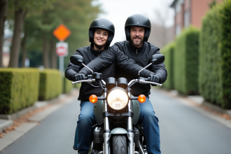 Deux adultes en moto en environnement urbain calme