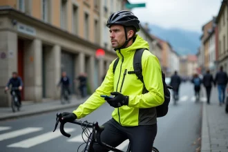 Homme cycliste sérieux à Chambéry avec vélo noir