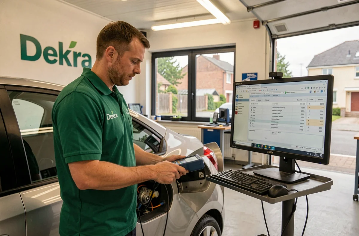 Technicien Dekra Orléans utilisant un scanner de diagnostic OBD sur un véhicule dans le centre de contrôle technique du Loiret