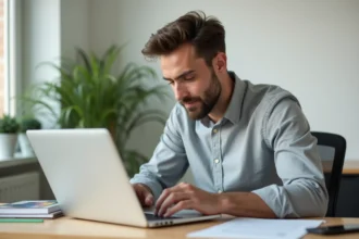 Homme effectuant une démarche administrative en ligne pour son véhicule depuis son bureau à domicile