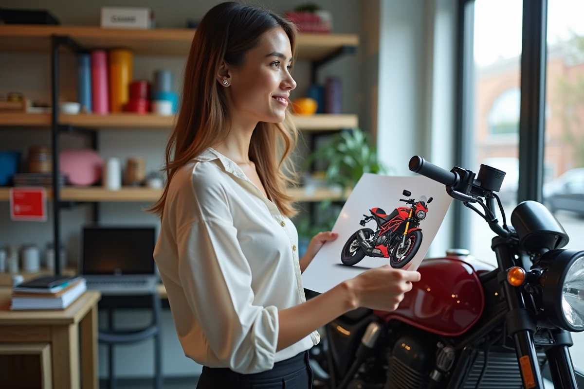 Graphiste examinant un design de wrap moto dans son studio lumineux