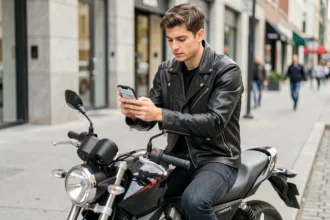 Jeune homme consultant un devis assurance moto 125 sur smartphone assis sur sa moto en ville