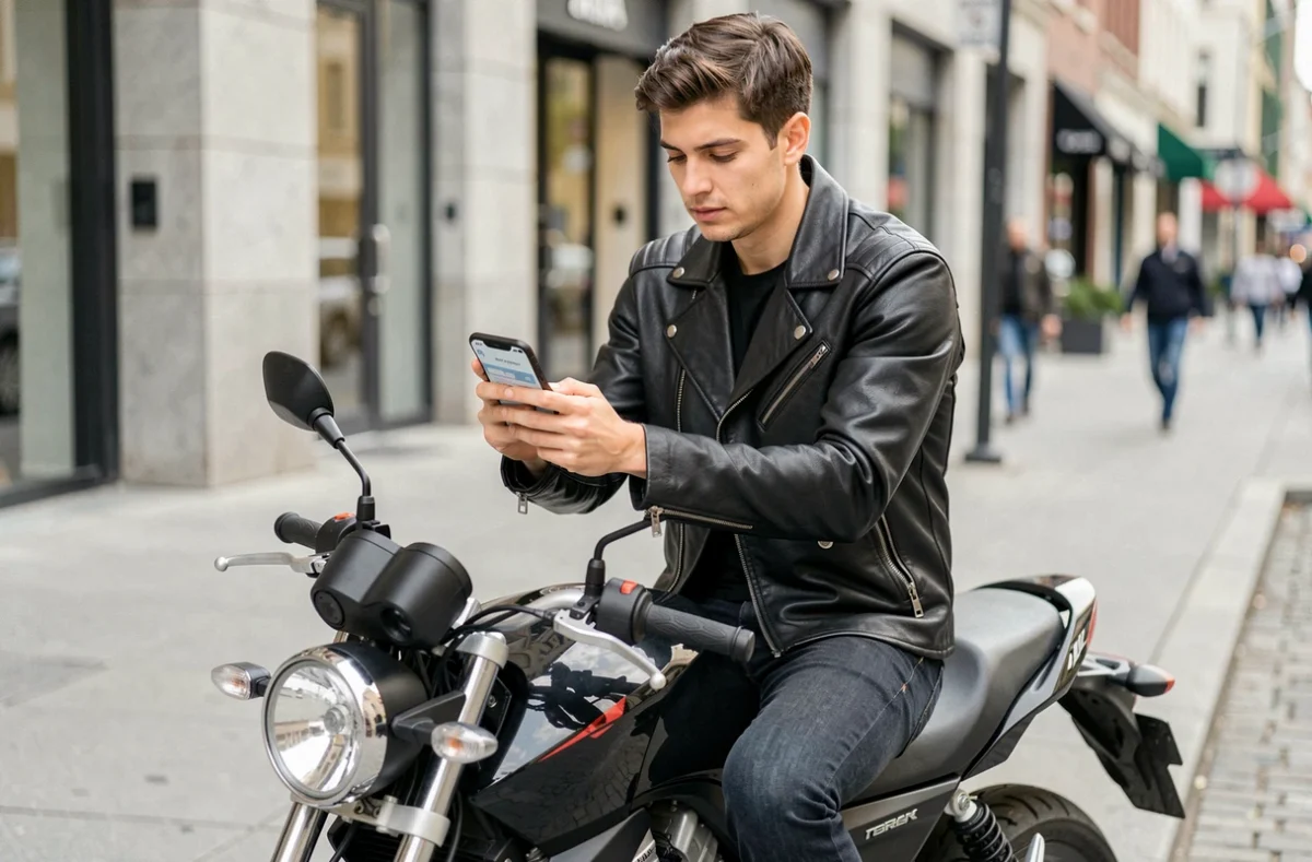 Jeune homme consultant un devis assurance moto 125 sur smartphone assis sur sa moto en ville
